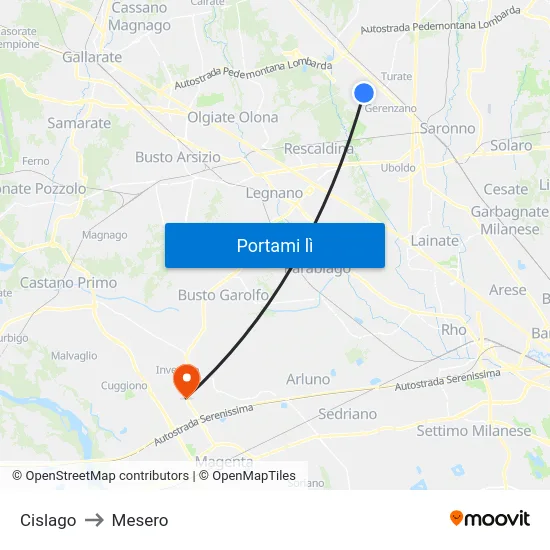 Cislago to Mesero map