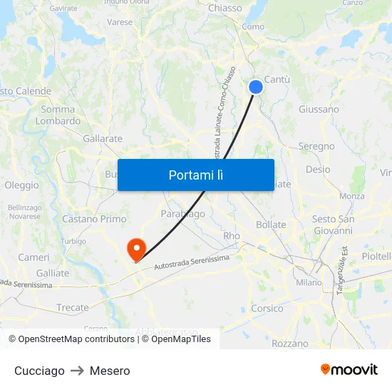 Cucciago to Mesero map