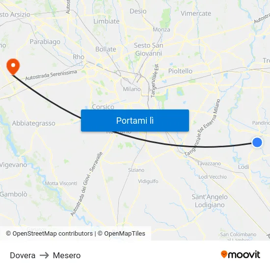 Dovera to Mesero map