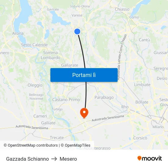 Gazzada Schianno to Mesero map
