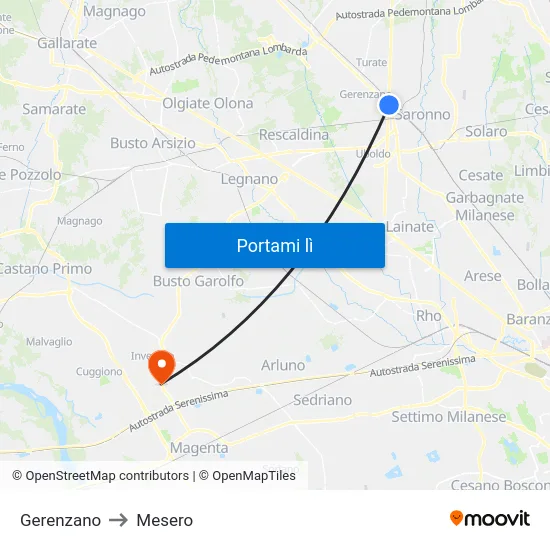 Gerenzano to Mesero map