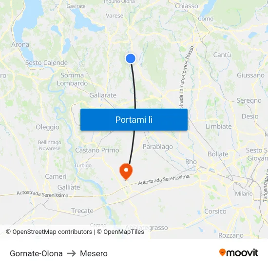 Gornate-Olona to Mesero map