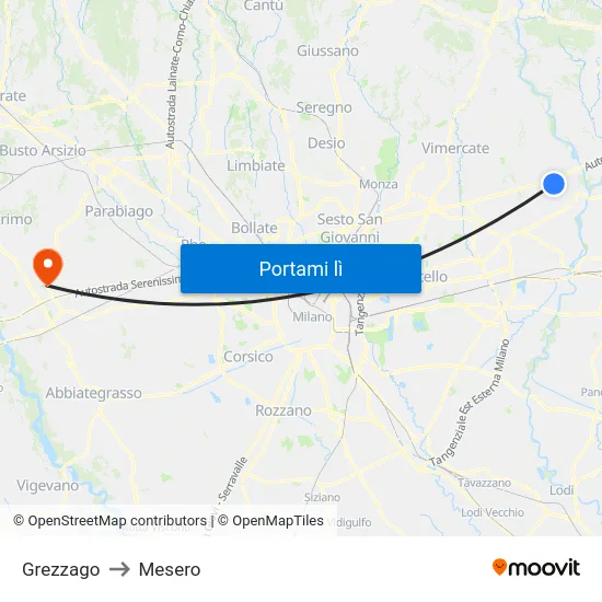 Grezzago to Mesero map