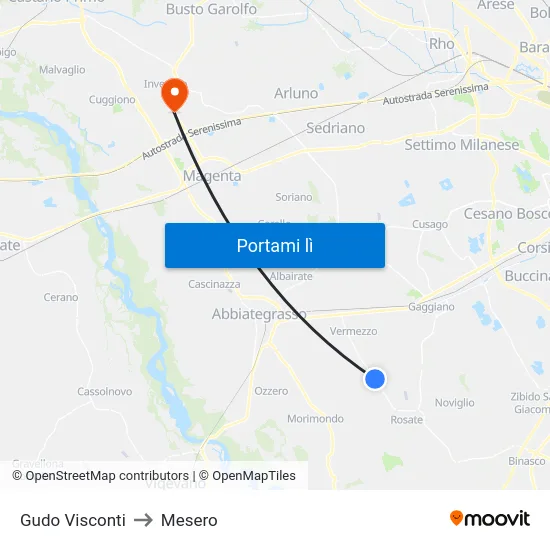 Gudo Visconti to Mesero map