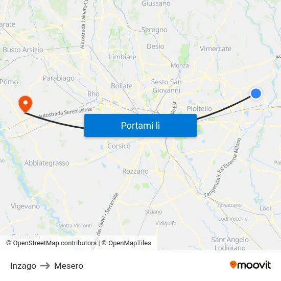 Inzago to Mesero map