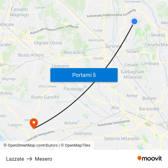 Lazzate to Mesero map