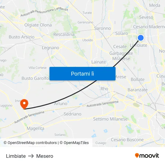 Limbiate to Mesero map
