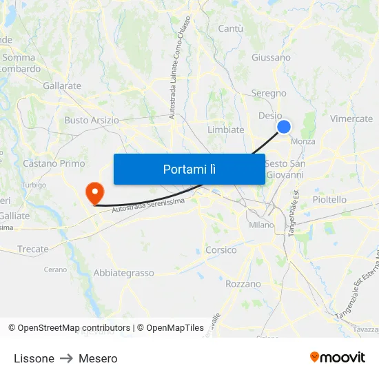 Lissone to Mesero map