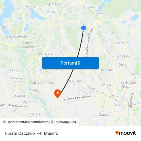 Lurate Caccivio to Mesero map
