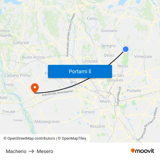 Macherio to Mesero map