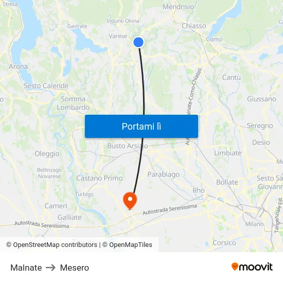 Malnate to Mesero map