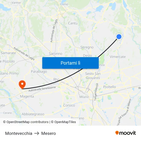 Montevecchia to Mesero map