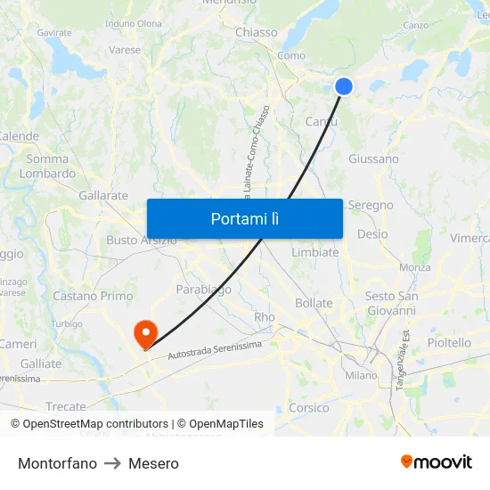 Montorfano to Mesero map
