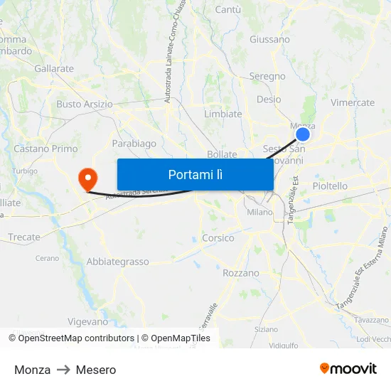 Monza to Mesero map