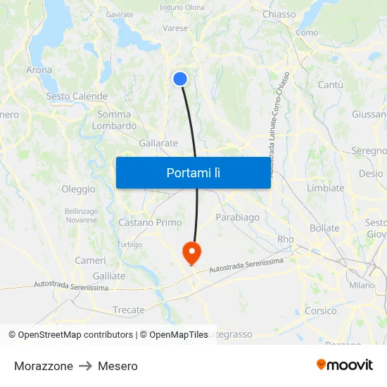 Morazzone to Mesero map