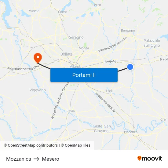 Mozzanica to Mesero map