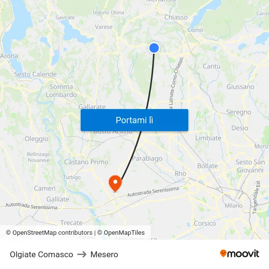 Olgiate Comasco to Mesero map