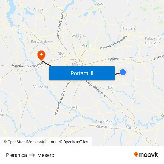 Pieranica to Mesero map