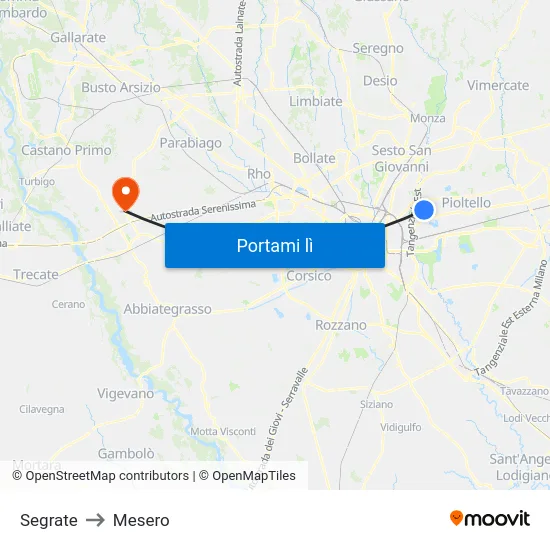 Segrate to Mesero map