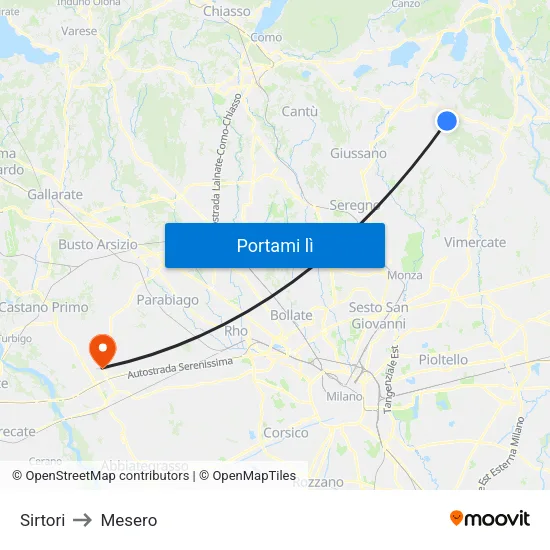 Sirtori to Mesero map