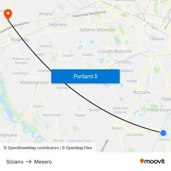 Siziano to Mesero map