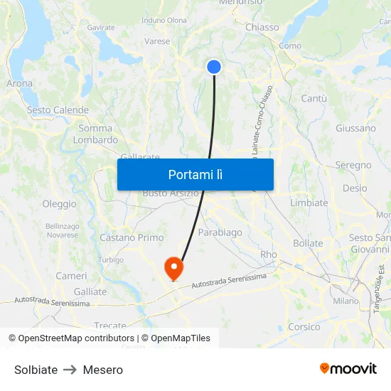 Solbiate to Mesero map