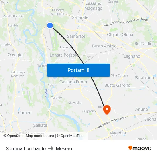 Somma Lombardo to Mesero map