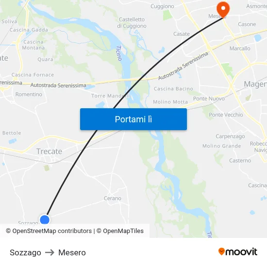Sozzago to Mesero map