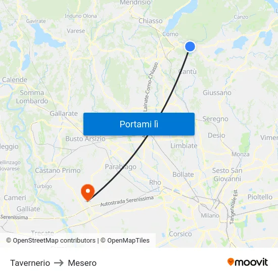 Tavernerio to Mesero map