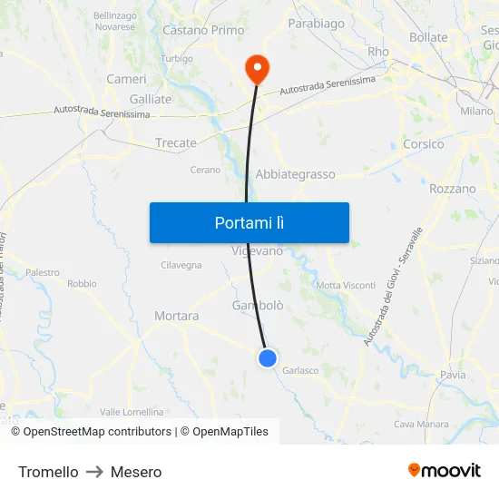 Tromello to Mesero map