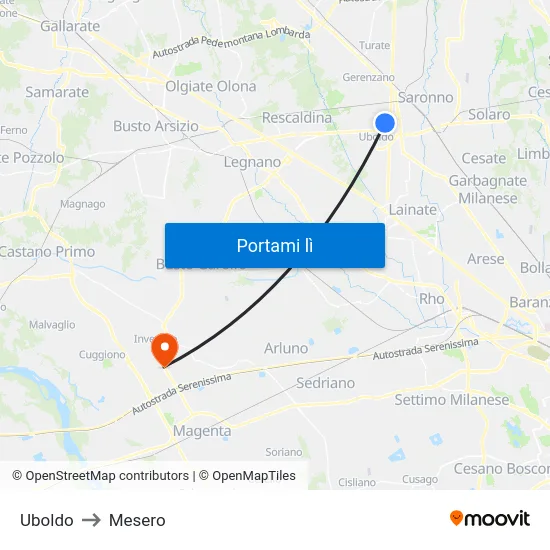 Uboldo to Mesero map
