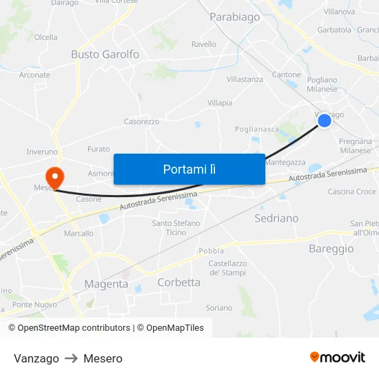 Vanzago to Mesero map