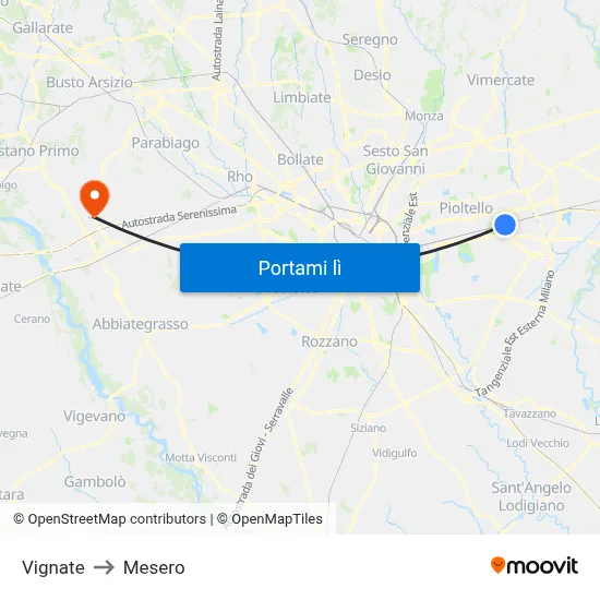 Vignate to Mesero map