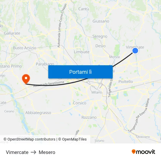Vimercate to Mesero map