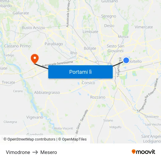Vimodrone to Mesero map
