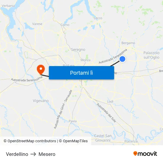 Verdellino to Mesero map