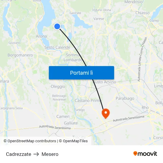 Cadrezzate to Mesero map