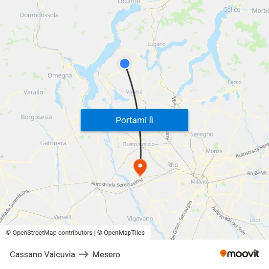 Cassano Valcuvia to Mesero map