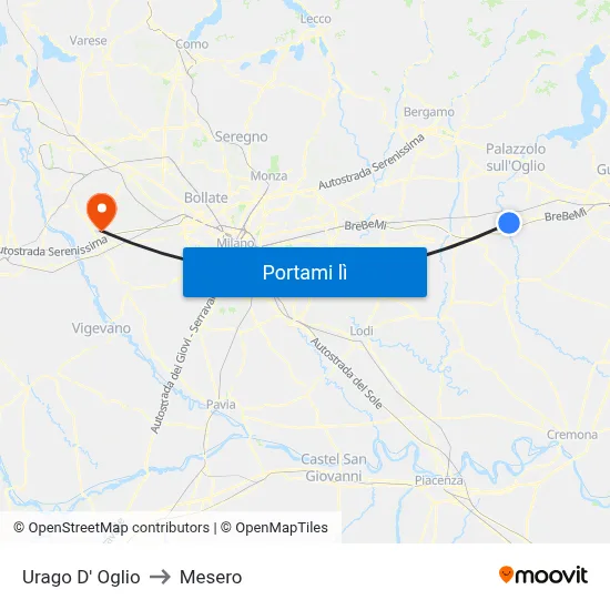 Urago D' Oglio to Mesero map