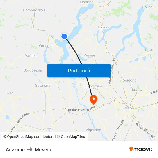 Arizzano to Mesero map