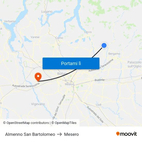 Almenno San Bartolomeo to Mesero map