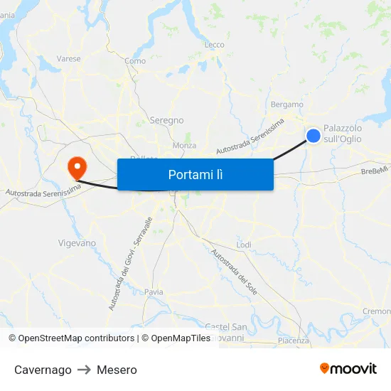 Cavernago to Mesero map