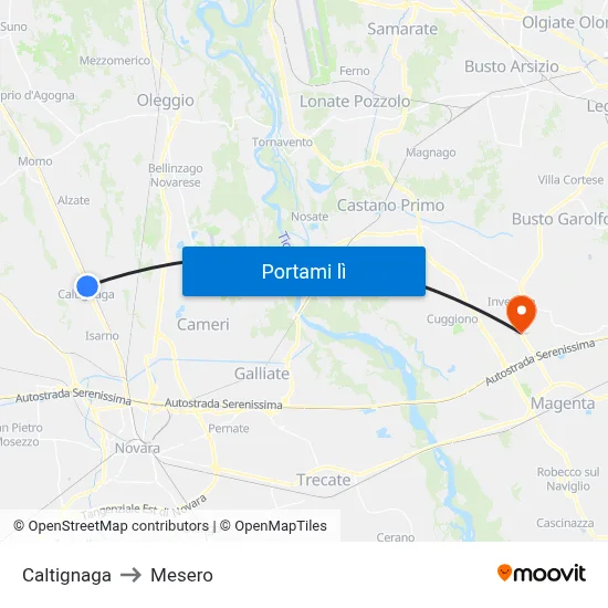Caltignaga to Mesero map