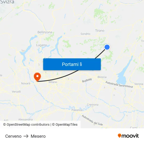 Cerveno to Mesero map