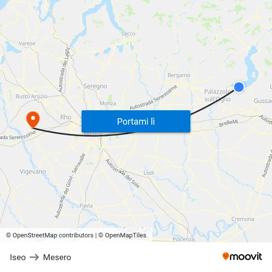 Iseo to Mesero map