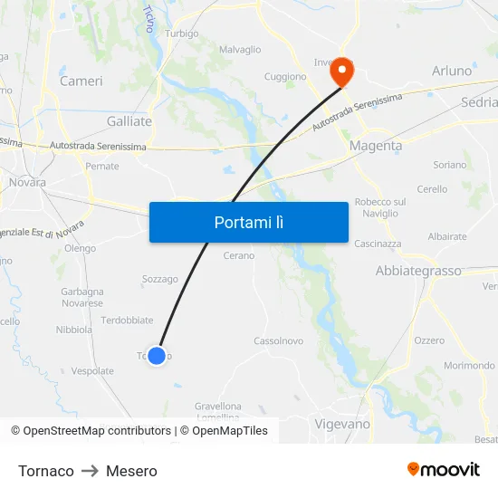 Tornaco to Mesero map