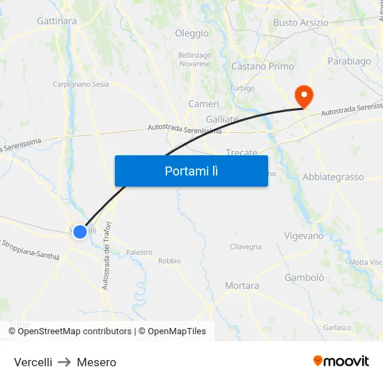 Vercelli to Mesero map