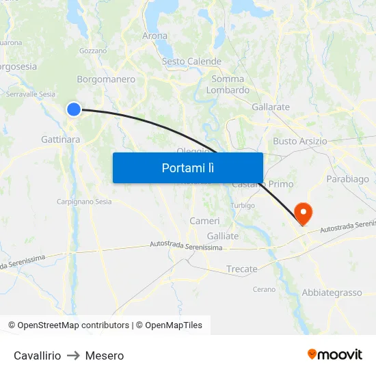 Cavallirio to Mesero map