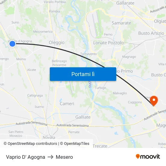 Vaprio D' Agogna to Mesero map