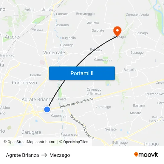 Agrate Brianza to Mezzago map